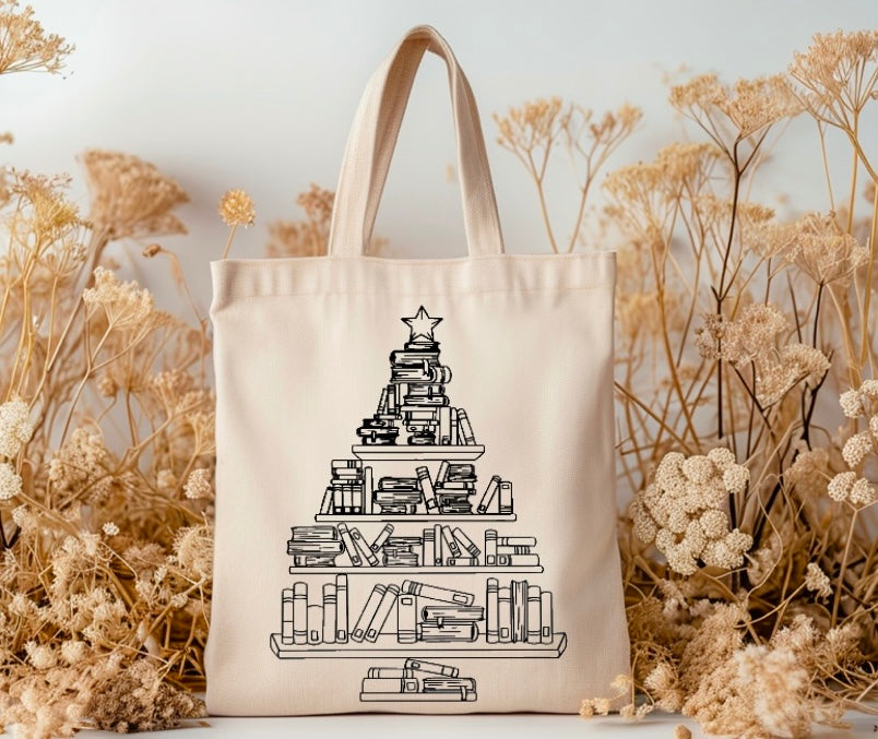 Christmas book tree tote bag