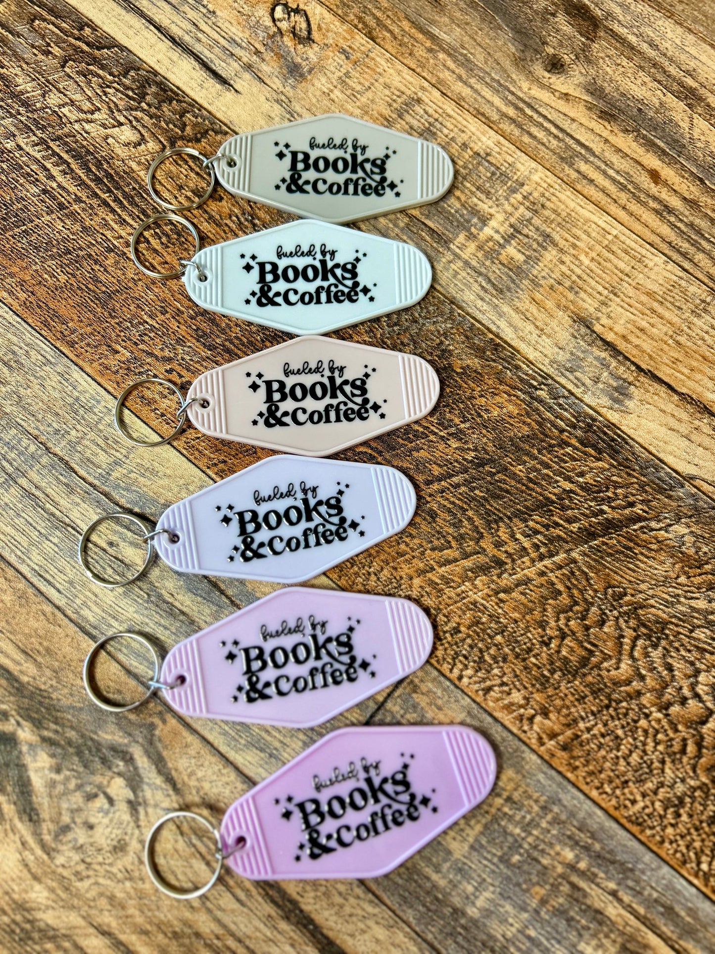 Fueled by books & coffee motel keychain