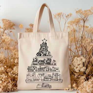 Christmas book tree tote bag