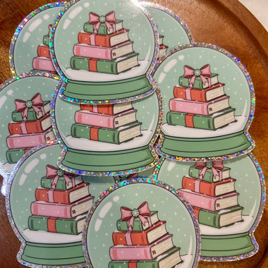 Pink & green book stack snow globe glitter Sticker