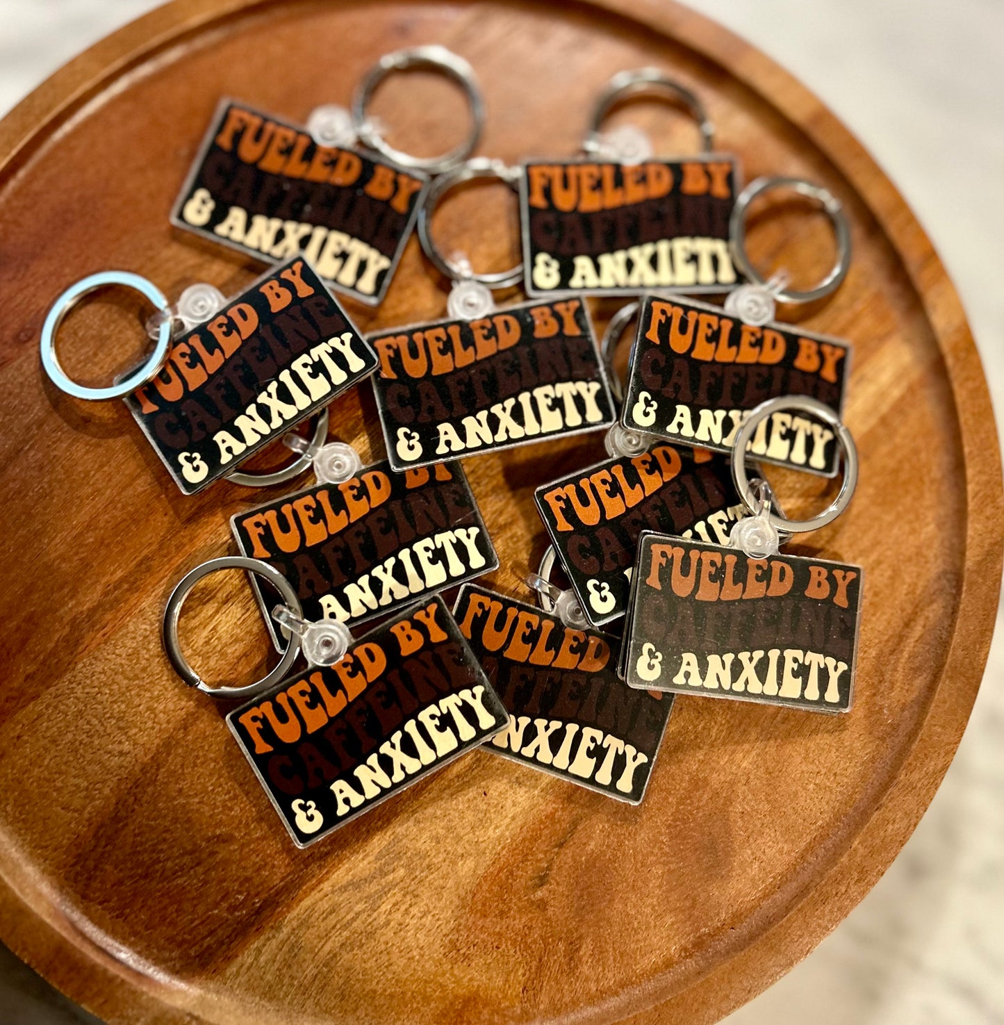 Fueled by caffeine & anxiety keychain (double sided)