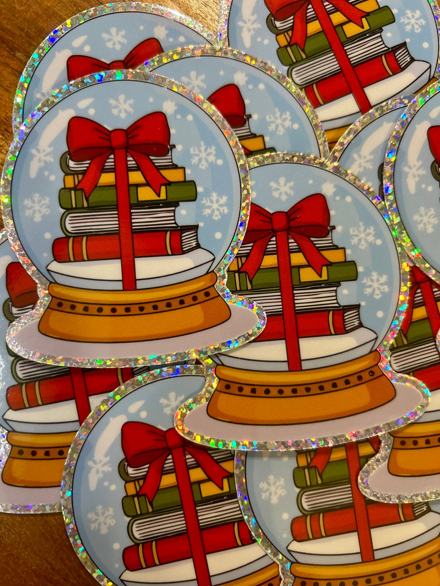 Christmas book stack snow globe glitter Sticker