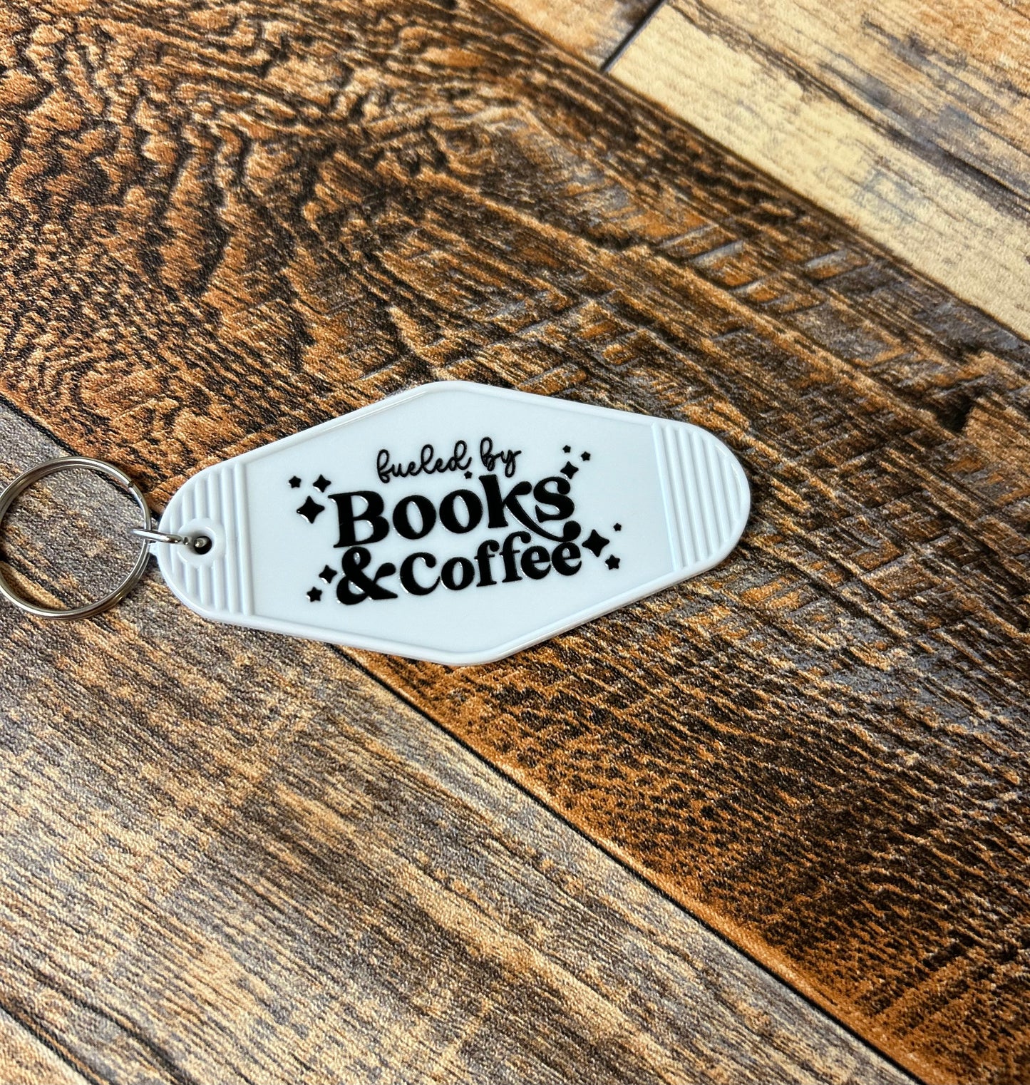 Fueled by books & coffee motel keychain