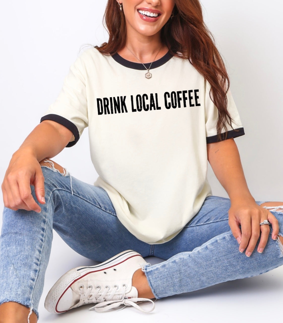 Drink local coffee ringer t-shirt