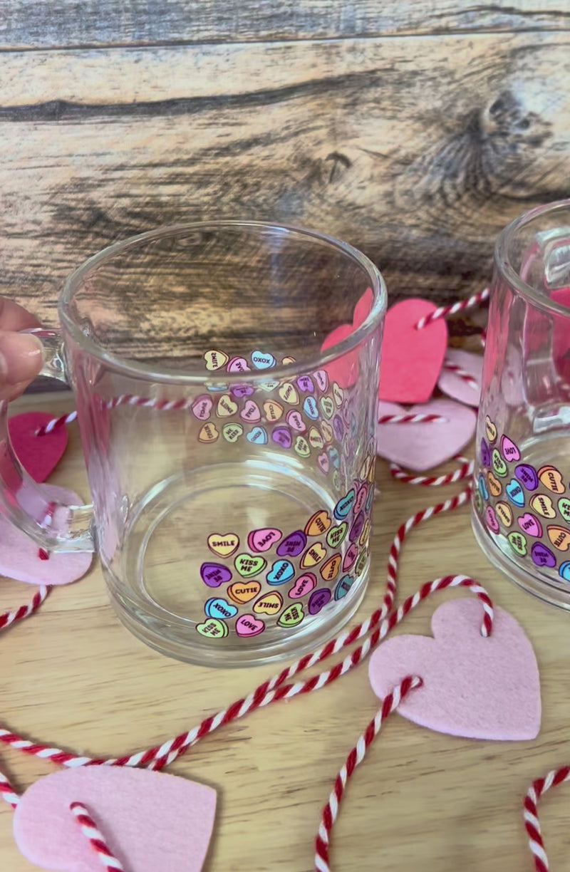 Conversation Hearts Glass coffee mug